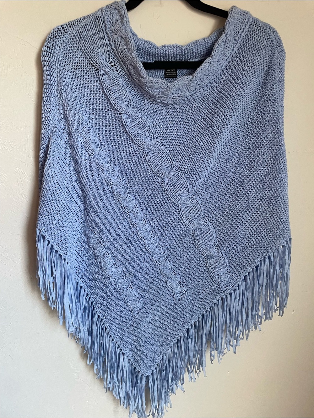 august silk Powder Blue / Periwinkle Cable-Knit Fringe Poncho